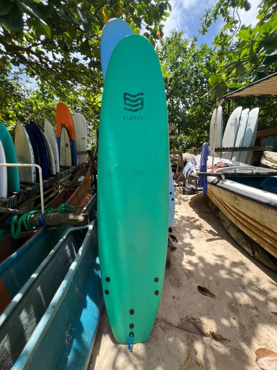Green surfboard available to rent